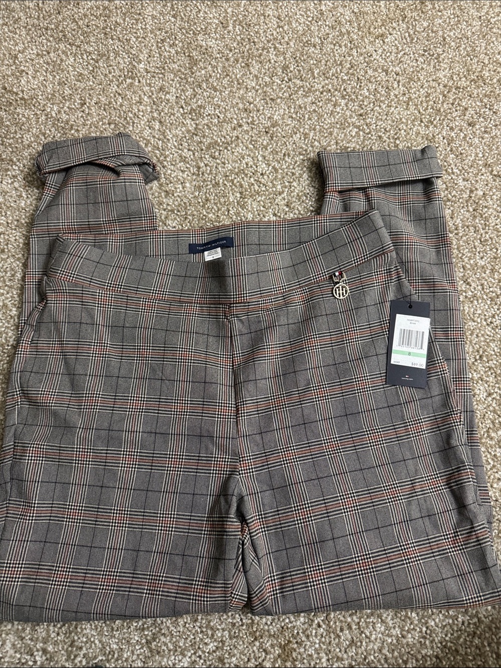 Tommy Hilfiger Women's Plaid Skinny Pants - Gray with Brown and Red Windowpane